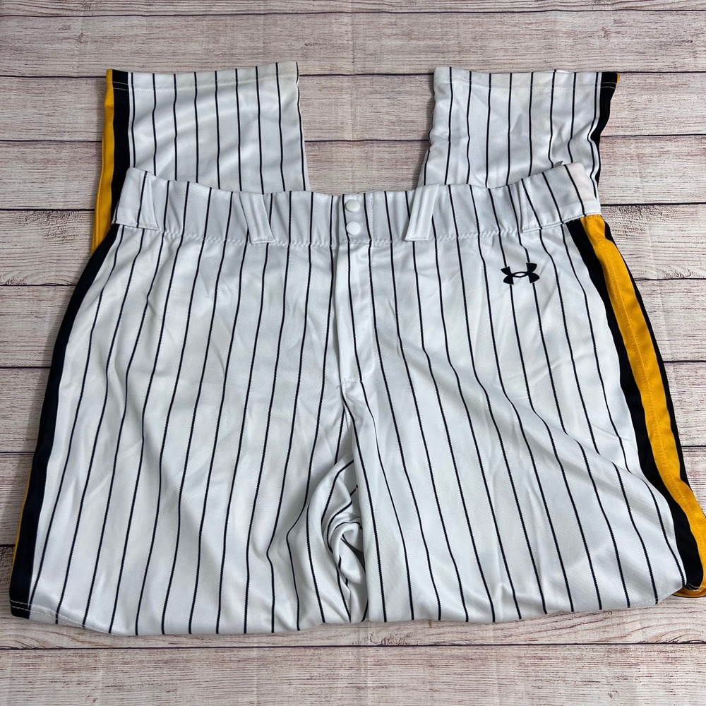 Under‎ Armour Baseball Pants Mens 2XL White Pinstripe Yellow Side Stripe
